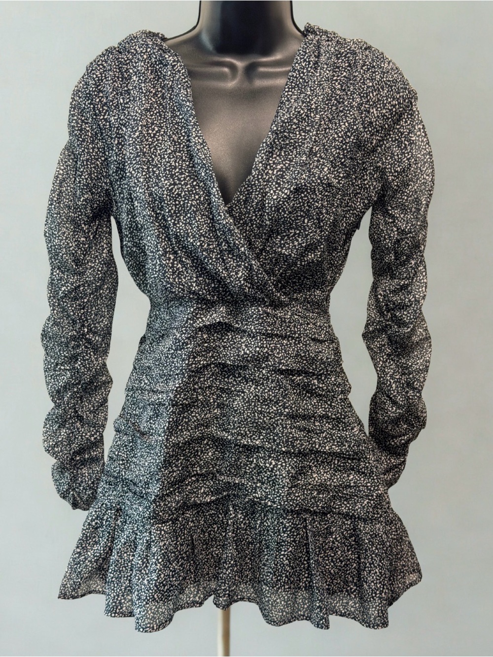 Navy and White Speckled Long-Sleeve Ruffle Hem Mini-Dress